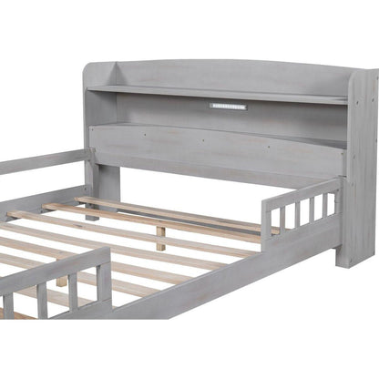 Wood Full Size Platform Bed with Built-in LED Light, Storage Headboard and Guardrail, Antique Grey