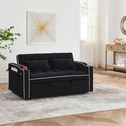 55.51 inch versatile foldable sofa bed in 3 lengths, modern sofa sofa sofa velvet pull-out bed, adjustable back and with USB port and ashtray and swivel phone stand (Black)