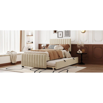 Twin Size Velvet Upholstered Platform Bed with Twin Size Trundle, Beige