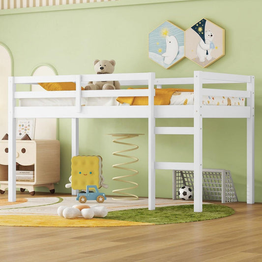 Solid Wooden, Rubber Wooden Twin Loft Bed with Ladder, Bed Platform of Strengthened Slats, White