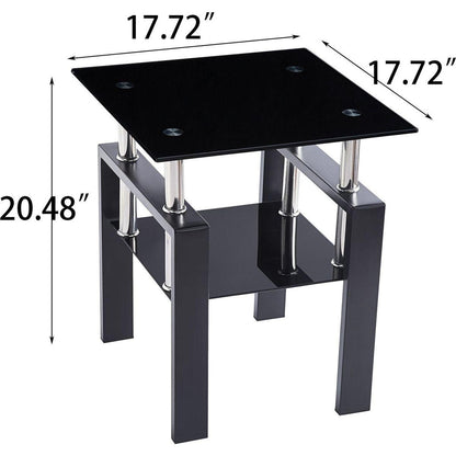 2-Piece Tempered Black Glass Sofa Table, Black Noghtstand with Metal Leg for Living Room