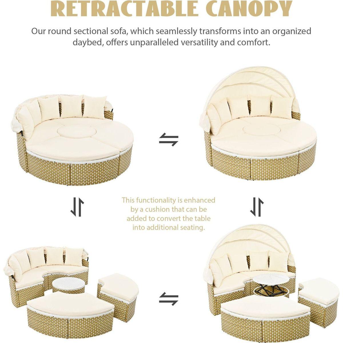 Patio Furniture Round Outdoor Sectional Sofa Set Rattan Daybed Two-Tone Weave Sunbed with Retractable Canopy, Separate Seating and Removable Cushion, Beige