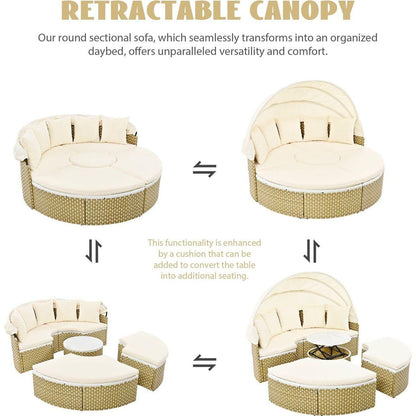 Patio Furniture Round Outdoor Sectional Sofa Set Rattan Daybed Two-Tone Weave Sunbed with Retractable Canopy, Separate Seating and Removable Cushion, Beige