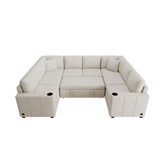 Convertible U-shaped Sectional Sofa with Pull-out Bed, Beige Chenille, 107.1'