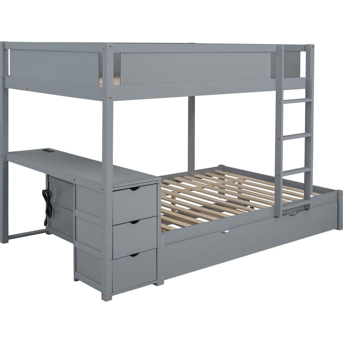 Full-Over-Full Bunk Bed with Twin size Trundle, Storage and Desk, Gray