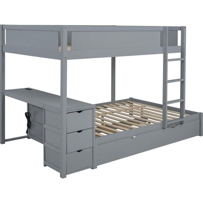 Full-Over-Full Bunk Bed with Twin size Trundle, Storage and Desk, Gray