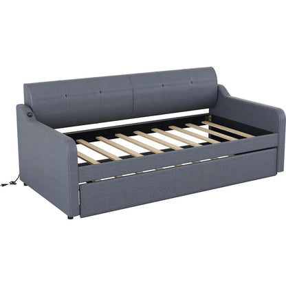 Twin Size Upholstery DayBed with Trundle and USB Charging Design,Trundle can be flat or erected,Gray