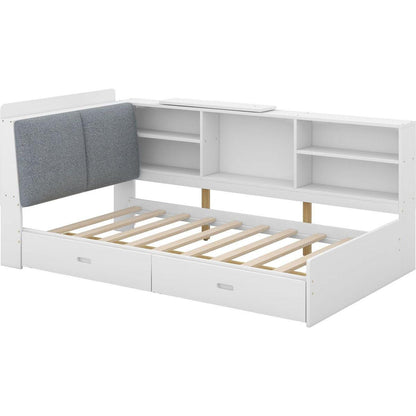 Wood Twin Size platform bed with Storage Headboard, Shelves and 2 Drawers, White