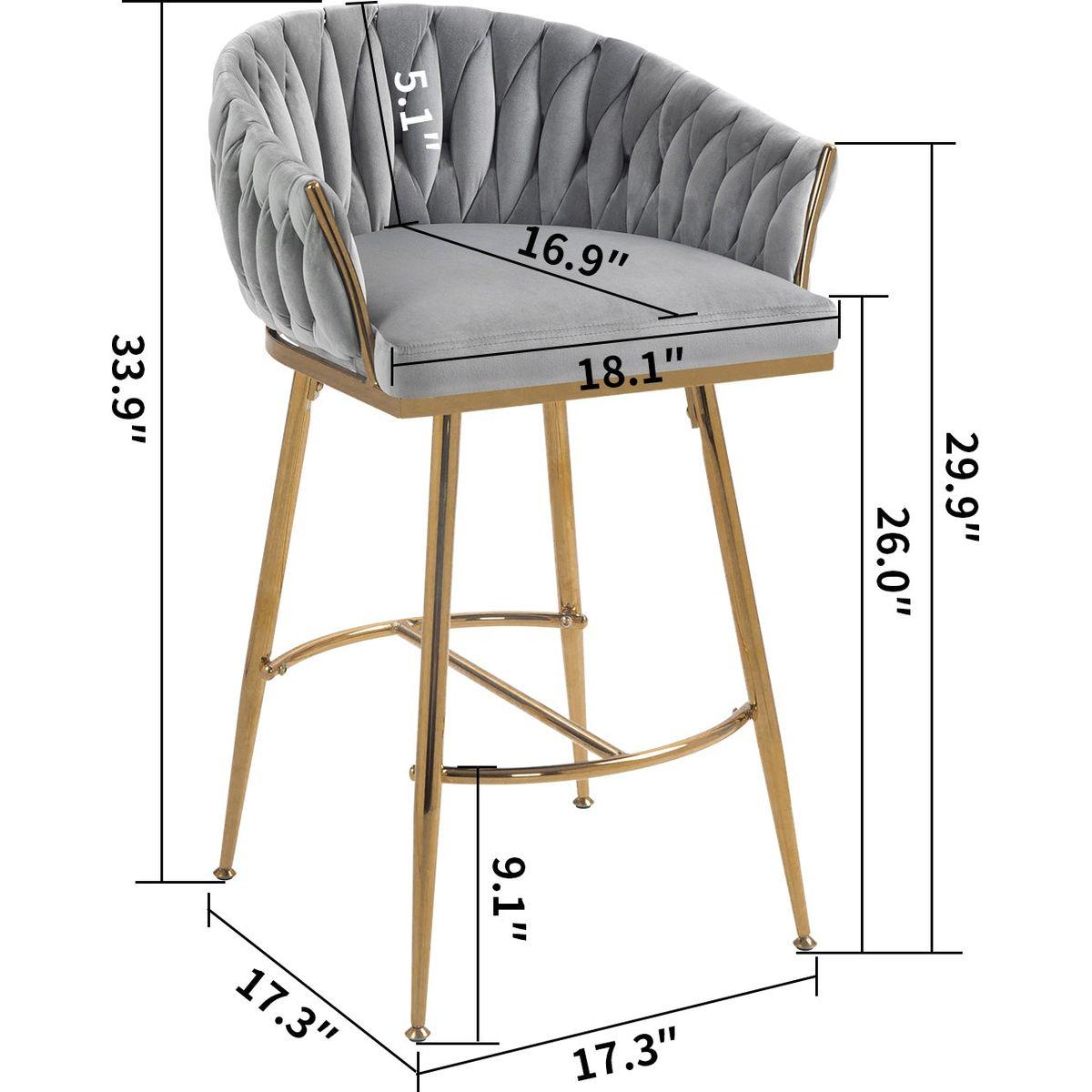 26" Counter height bar stools Set of 2,velvet kitchen island counter bar stool with hand- wave back,golden chromed base and foot rest(GREY)