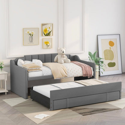 Twin Size Upholstered Daybed with Trundle and Three Drawers,Grey