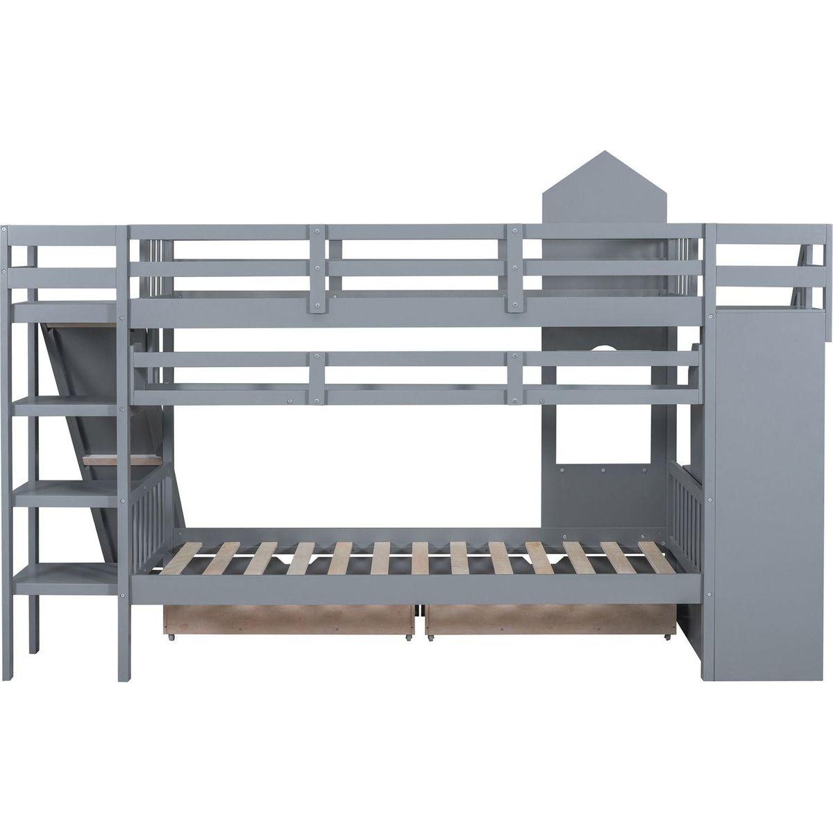Twin-Over-Twin Castle Style Bunk Bed with 2 Drawers 3 Shelves and Slide - Gray