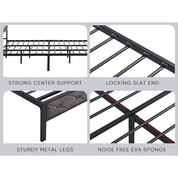 King Bed Frame with Storage Headboard, Charging Station and LED Lights, Upholstered Platform Bed with Heavy Metal Slats, No Box Spring Needed, Noise Free, Easy Assembly, Dark Gray