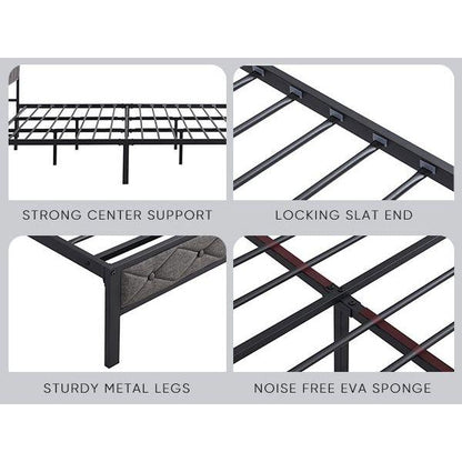 King Bed Frame with Storage Headboard, Charging Station and LED Lights, Upholstered Platform Bed with Heavy Metal Slats, No Box Spring Needed, Noise Free, Easy Assembly, Dark Gray