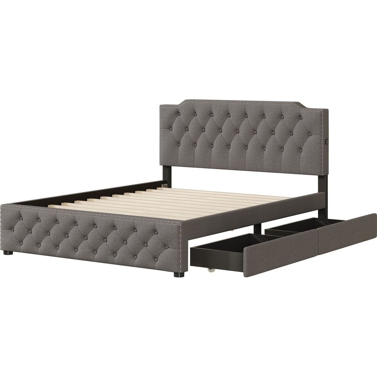 Queen Size Upholstered Platform Bed with 2 Drawers and 2 sets of USB Ports on each side, Linen Fabric, Gray