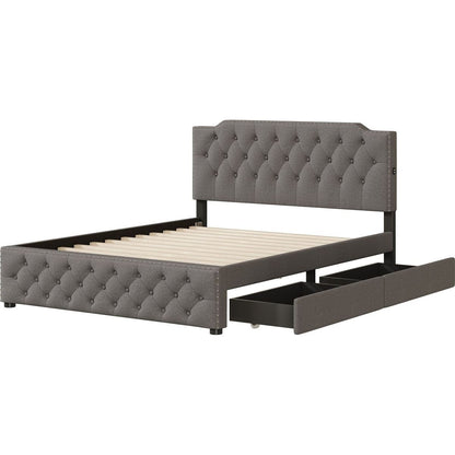 Queen Size Upholstered Platform Bed with 2 Drawers and 2 sets of USB Ports on each side, Linen Fabric, Gray