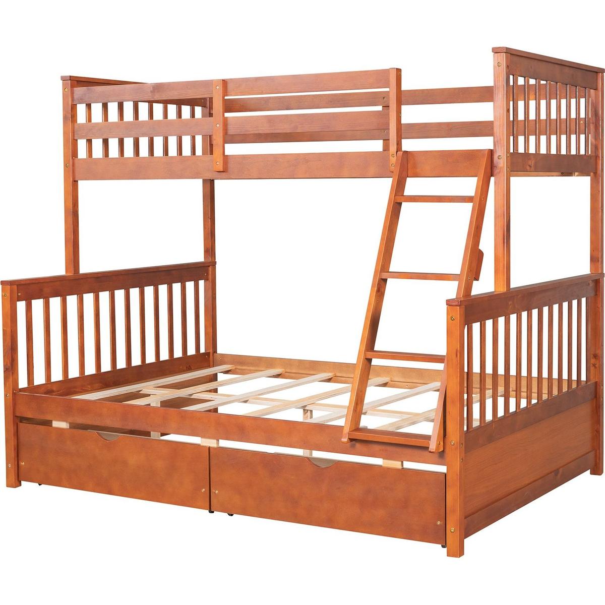 Twin-Over-Full Bunk Bed with Ladders and Two Storage Drawers (Walnut) { o