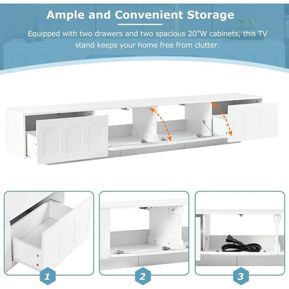 TV Stand with Fluted tempered Glass Doors for TVs Up to 95", Functional Media Console with Arched Cabinet Doors, Entertainment Center with APP-Controlled LED Light for Living Room, White