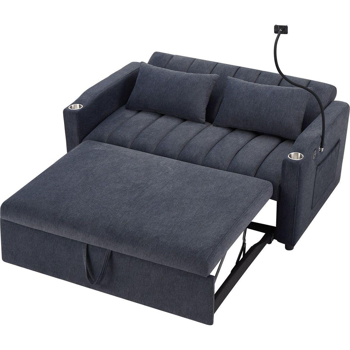 55.9" Convertible Sofa Bed Loveseat Sofa with Three USB Ports, Two Side Pockets, Two Cup Holders and 360Swivel Phone Holder for Living Room, Blue Grey