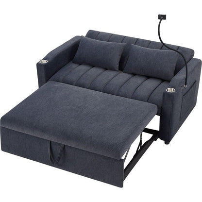 55.9" Convertible Sofa Bed Loveseat Sofa with Three USB Ports, Two Side Pockets, Two Cup Holders and 360Swivel Phone Holder for Living Room, Blue Grey