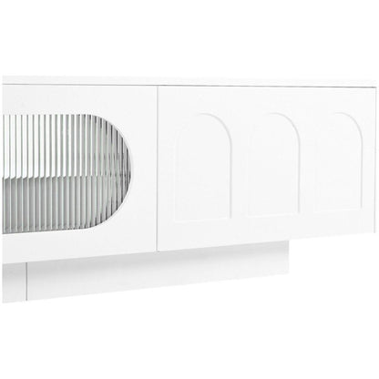 TV Stand with Fluted tempered Glass Doors for TVs Up to 95", Functional Media Console with Arched Cabinet Doors, Entertainment Center with APP-Controlled LED Light for Living Room, White