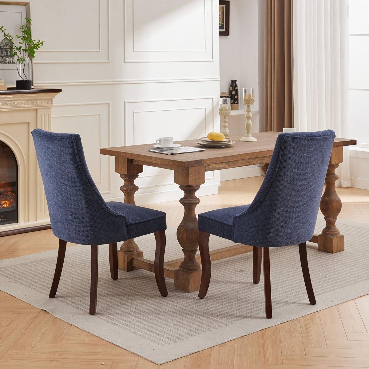 Rayon Cloth Flocking Linen Dining Chairs Channel Kitchen Dinner Chair Comfy Fabric Upholstered Accent Chair for Dining Room with Curved Solid Wood Legs,Set of 2 (Blue) - Streamdale Furniture