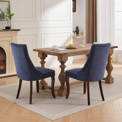 Rayon Cloth Flocking Linen Dining Chairs Channel Kitchen Dinner Chair Comfy Fabric Upholstered Accent Chair for Dining Room with Curved Solid Wood Legs,Set of 2 (Blue) - Streamdale Furniture