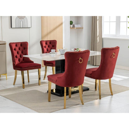 Nikki Collection Modern, High-end Tufted Solid Wood Contemporary Velvet Upholstered Dining Chair with Golden Stainless Steel Plating Legs,Nailhead Trim,Set of 2,Wine Red and Gold, SW1601WR,Burgundy