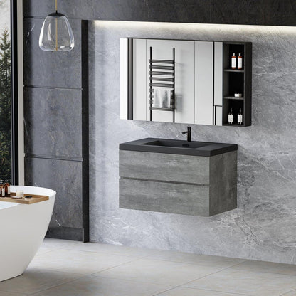 36" Floating Bathroom Vanity with Sink, Modern Wall-Mounted Bathroom Storage Vanity Cabinet with Black Quartz Sand Top Basin and Soft Close Drawers, Grey