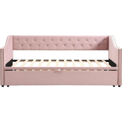 Twin Size Upholstered daybed with Pop Up Trundle, Pink