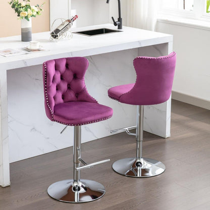 Swivel Velvet Barstools Adjusatble Seat Height from 25-33 Inch, Chrome base Bar Stools with Backs Comfortable Tufted for Home Pub and Kitchen Island, Purple,Set of 2