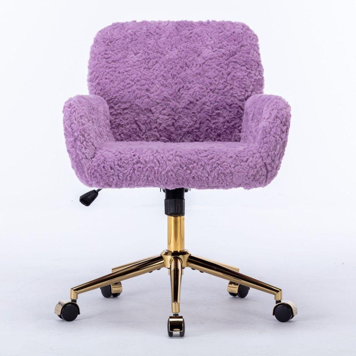 Office Chair,Artificial rabbit hair Home Office Chair with Golden Metal Base,Adjustable Desk Chair Swivel Office Chair,Vanity Chair(Violet) - Streamdale Furniture