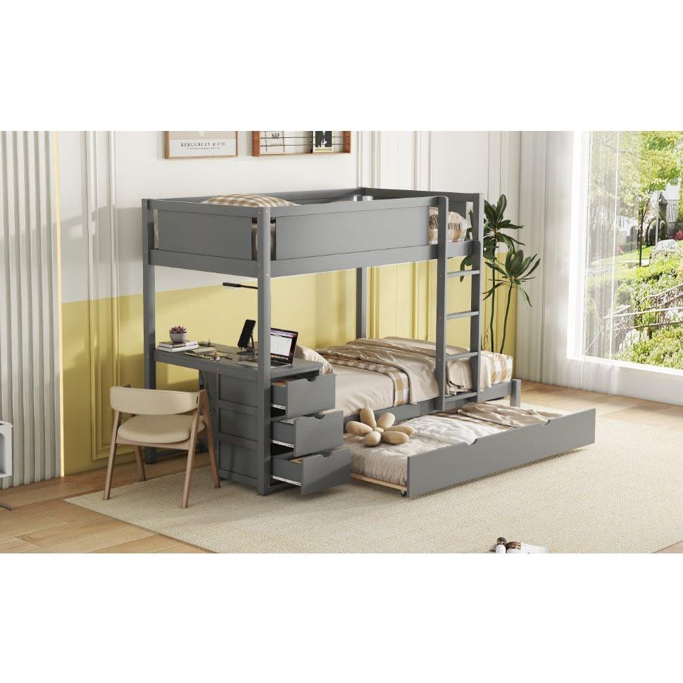 Twin-Over-Twin Bunk Bed with Twin size Trundle, Storage and Desk, Gray