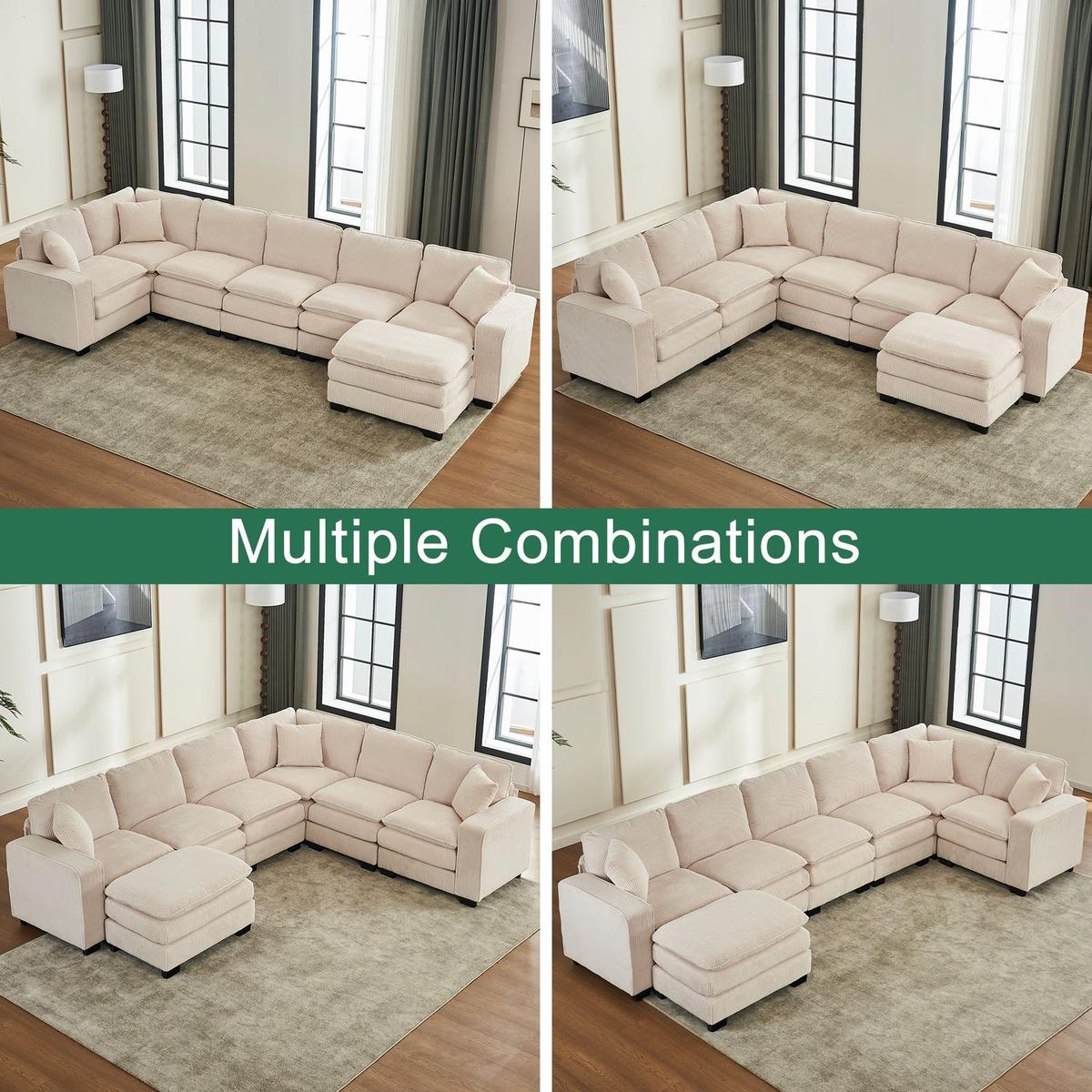 Modern U Shaped 6-seat Sectional Sofa Couch with one Ottoman and three toss pillows, Modular Sofa for Living Room,Corduroy sofa