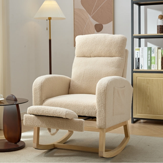 Modern Accent Rocking Chair Rocking Chair with Solid Wood Legs, Upholstered Nursery Glider Rocker, Comfy Armchair with Side Pocket, Living Room Lounge Arm Chair with High Backrest Teddy