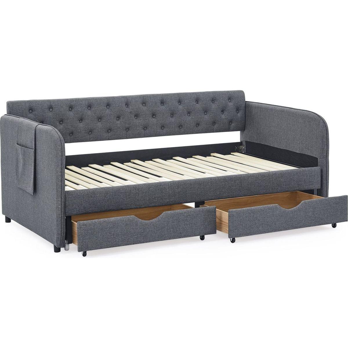 Twin Size Upholstery Daybed with Trundle Bed and Two Storage Drawers, Flat Arms with Pocket, Extendable Daybed for Bedroom Living Room,Linen Dark Gray