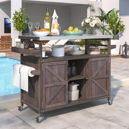 Outdoor Kitchen Island, Rolling Bar Cart & Storage Cabinet, Farmhouse Solid Wood Outdoor Grill Table with Stainless Steel Top, Spice Rack, Towel Rack for Kitchen & Barbecue, Dark Brown