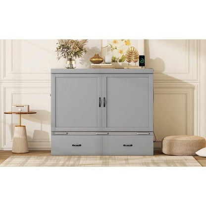 Full Size Murphy Bed with USB Port and a Large Drawer, Gray