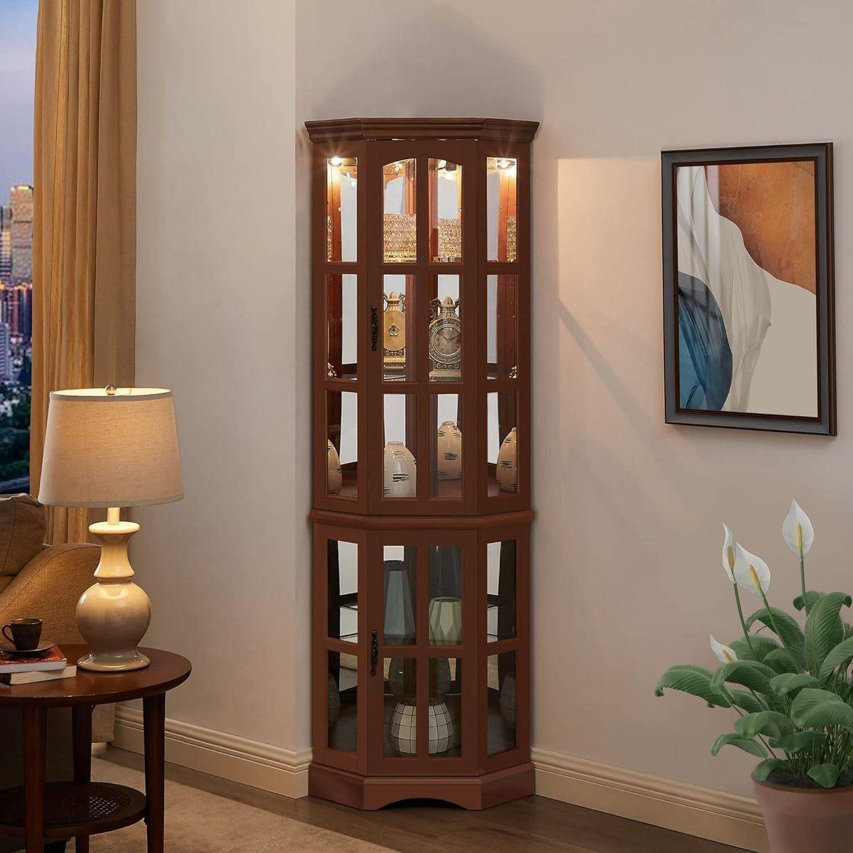 Corner Curio Cabinet with 5 Shelves and Lighting System, Walnut