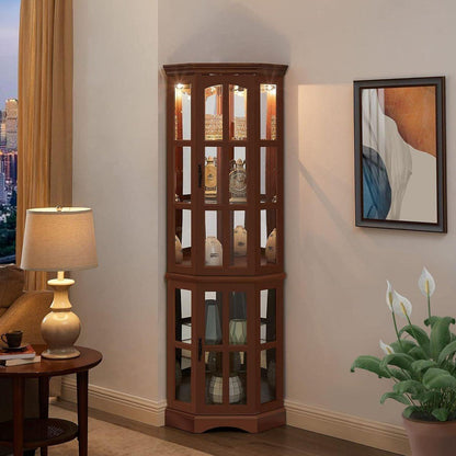 Corner Curio Cabinet with 5 Shelves and Lighting System, Walnut