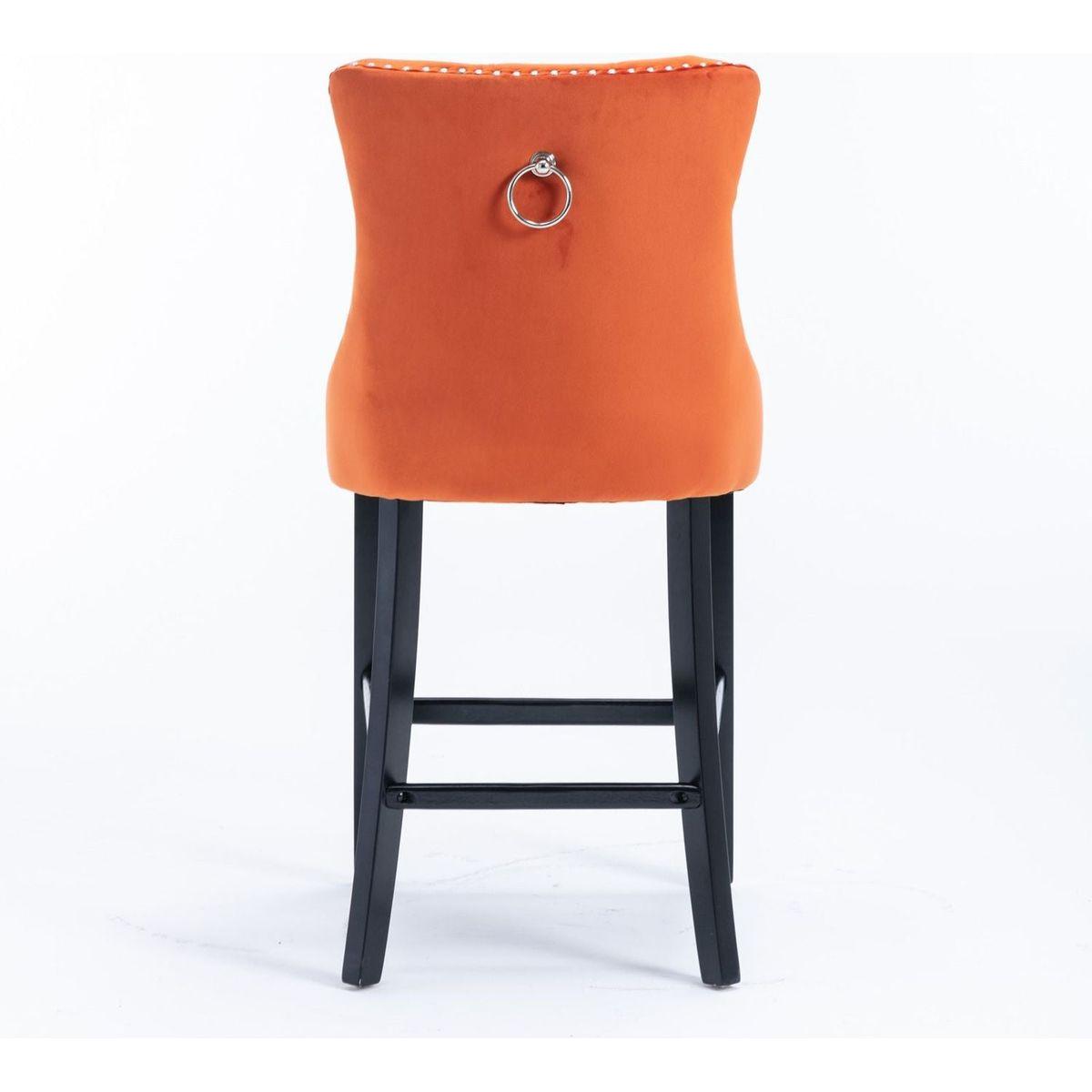 Contemporary Velvet Upholstered Barstools with Button Tufted Decoration and Wooden Legs, and Chrome Nailhead Trim, Leisure Style Bar Chairs,Bar stools, Set of 2 (Orange)