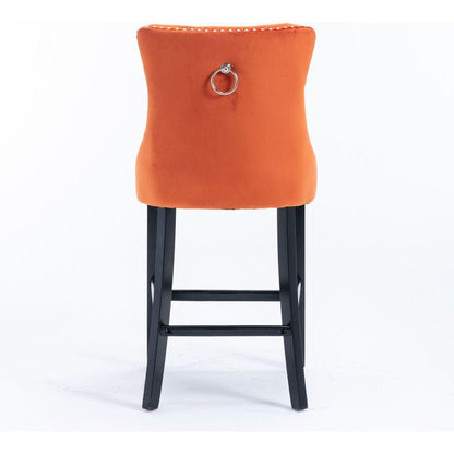 Contemporary Velvet Upholstered Barstools with Button Tufted Decoration and Wooden Legs, and Chrome Nailhead Trim, Leisure Style Bar Chairs,Bar stools, Set of 2 (Orange)