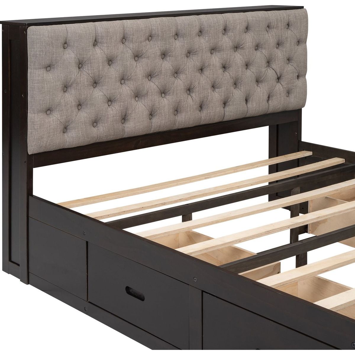 Wood Queen Size Platform Bed with Storage Headboard, shoe rack and 4 drawers,Espresso