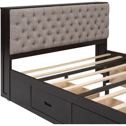 Wood Queen Size Platform Bed with Storage Headboard, shoe rack and 4 drawers,Espresso