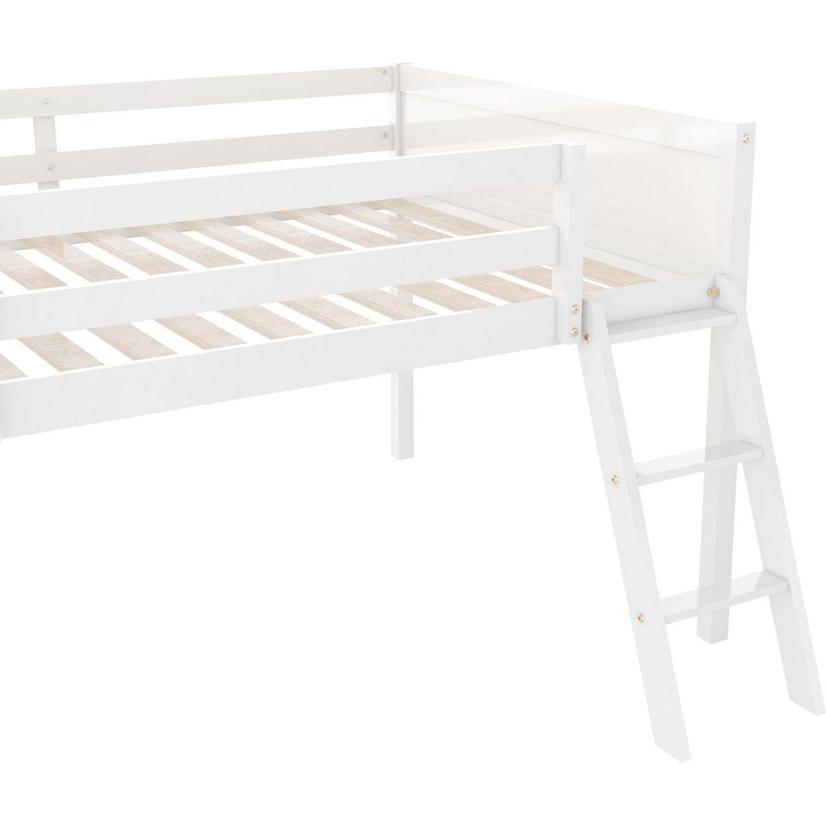 Full Size Wood Low Loft Bed with Ladder, ladder can be placed on the left or right, White(O