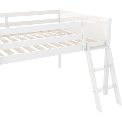 Full Size Wood Low Loft Bed with Ladder, ladder can be placed on the left or right, White(O