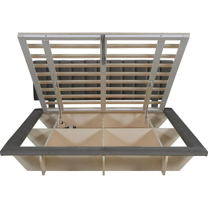 Queen Size Upholstered Floating Bed with LED Light and USB Port, Velvet, Gray, Hydrualic Platform Bed