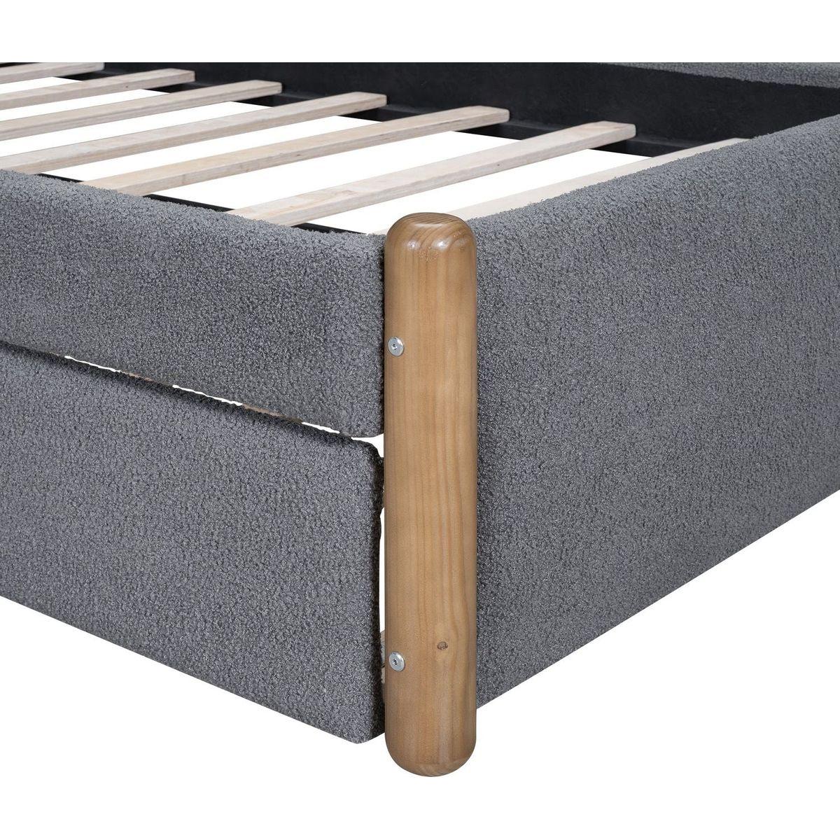 Twin Size Upholstered Platform Bed with Wood Supporting Feet and Twin Size Trundle, Gray