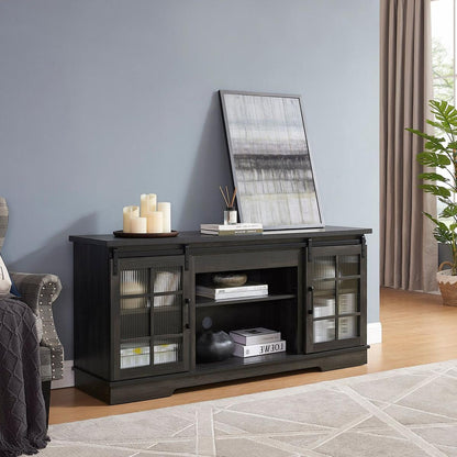 Multipurpose Sliding Door TV Stand Large Storage Cabinet with 2 Sliding Fluted Glass Tempered Doors, TV Up to 65", TV Desk Storage Rack, Charcoal GREY, 59.13"Wx15.94"Dx27.8"H
