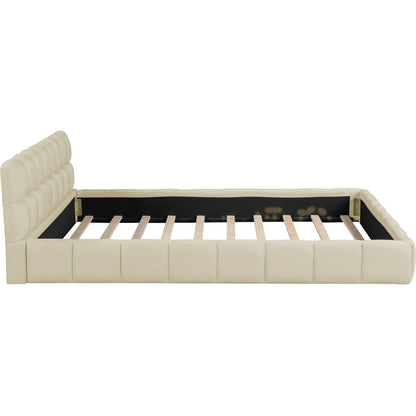 Queen Size Upholstered Platform Bed with Thick Fabric, Grounded Bed with Solid Frame, Beige