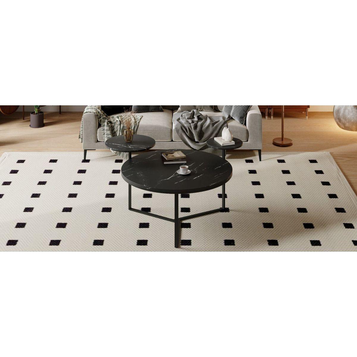 Modern coffee table with two display shelves, Black Faux marble surfaces, Tripod-inspired base,Rounded tabletop edges